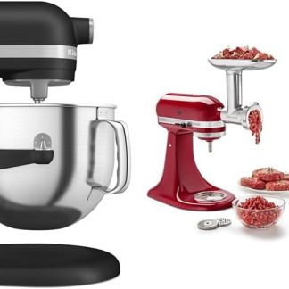 KitchenAid KSM70SK 7 Quart Bowl Lift Stand Mixer with Double Flex Edge Beater& KSMMGA Metal Food Grinder Attachment, Silver